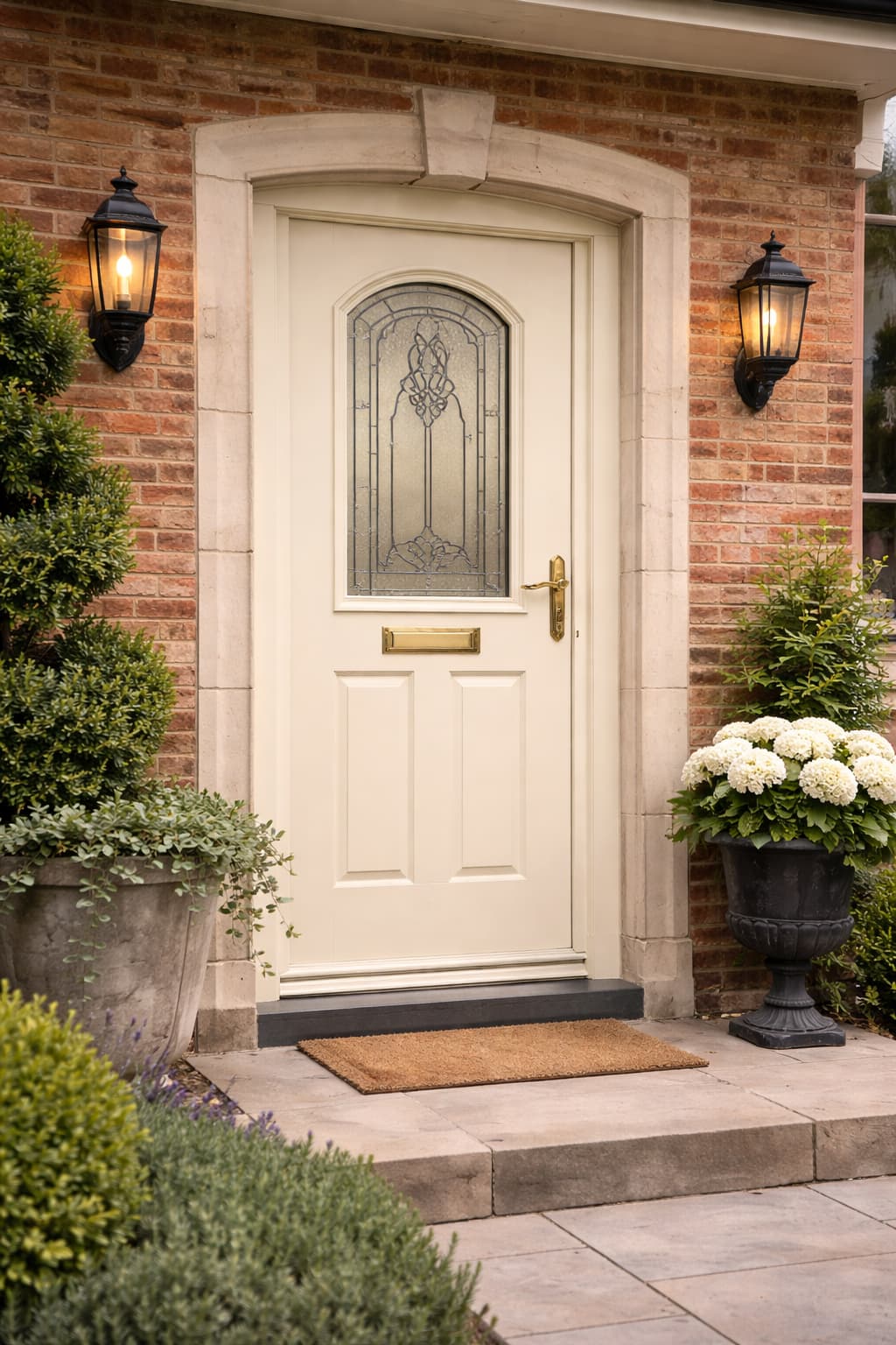 Cream composite front door with decorative glass installed on a brick house in Halifax